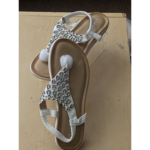 ulogu Women's White Rhinestone Thong Sandals – Size‎ 10 Boho Flat Flip-Flops - Picture 4 of 7